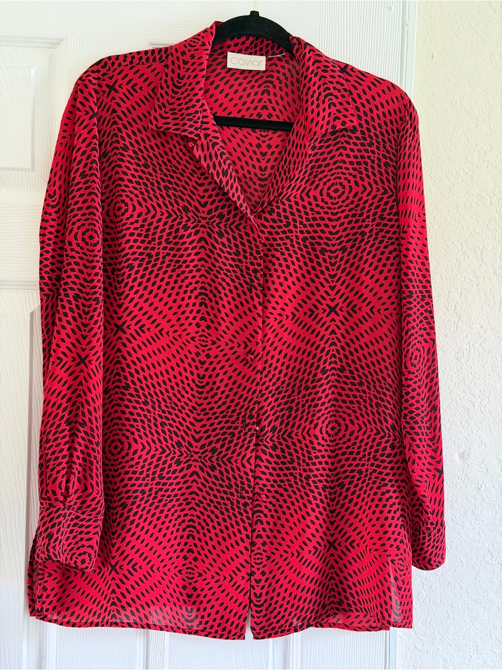 Caviar Red and Black Geometric Button-Down Blouse